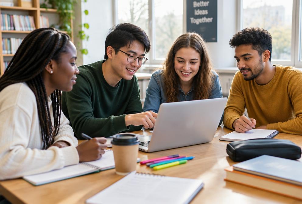 Pessoas estudando juntas ao redor de uma mesa com laptop e cadernos